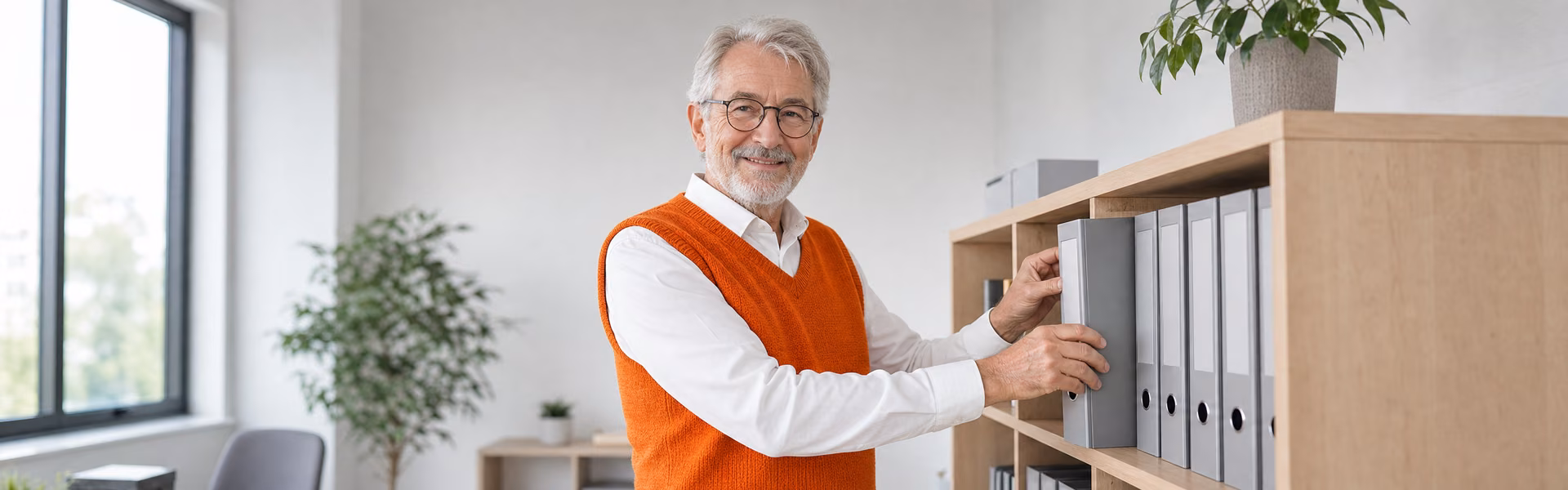 Gut gelaunter Rentner arbeitet im Minijob und sortiert Ordner in einem hellen Büro