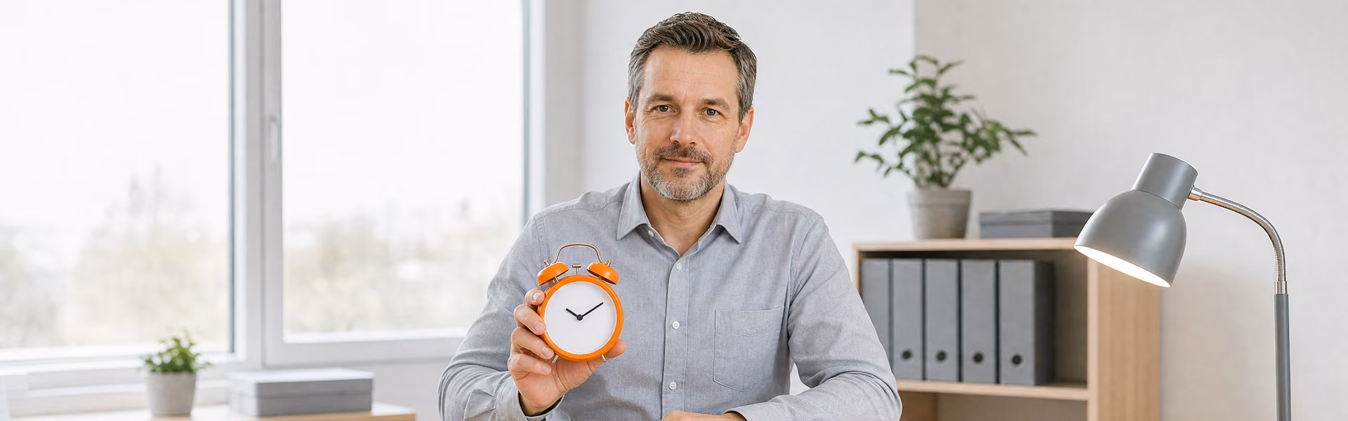 Lohnbuchhalter hält am frühen Morgen einen orangefarbenen Wecker in der Hand – Symbol für Nachtarbeit und Nachtzuschlag