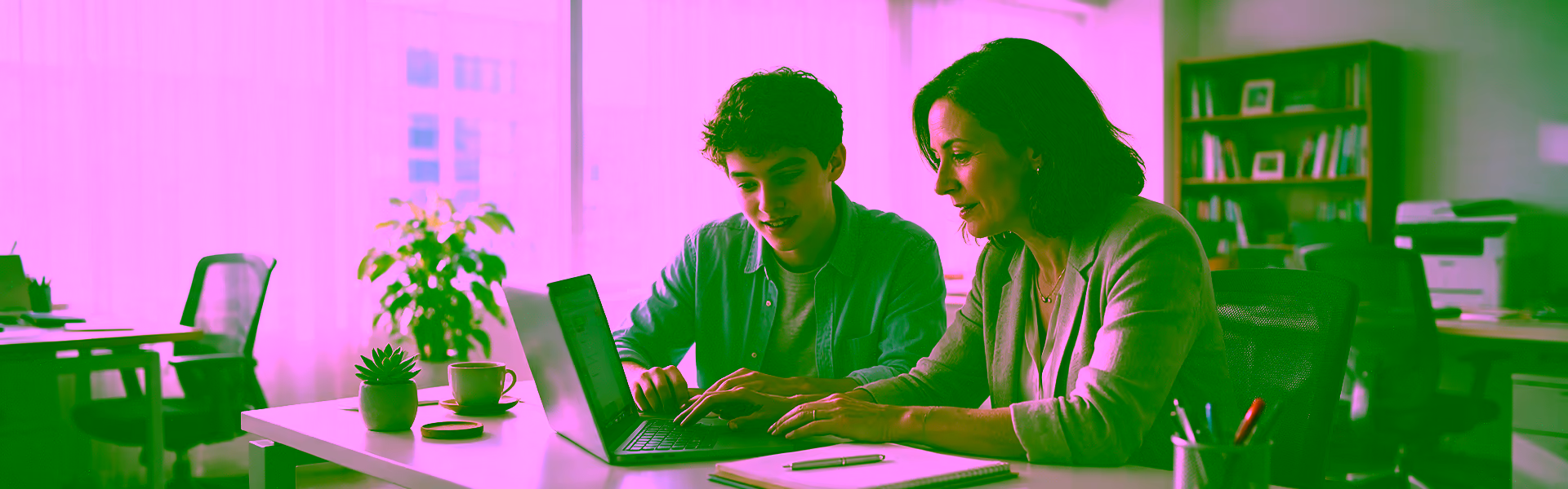Junger Praktikant sitzt im hellen Büro neben seiner Betreuerin, die ihm am Laptop eine Aufgabe erklärt