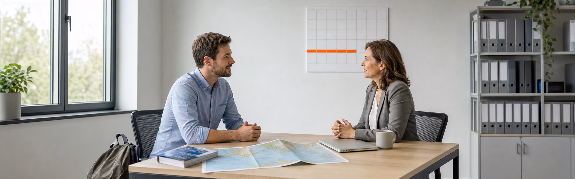 Mitarbeiter bespricht mit der Personalerin seinen unbezahlten Urlaub, auf dem Tisch Weltkarte und Reiseführer, an der Wand ein Kalender mit orange markiertem Zeitraum
