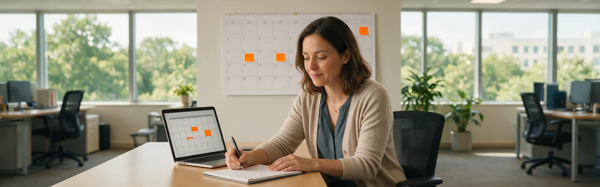 Personalsachbearbeiterin berechnet am Schreibtisch mit Wandkalender und Laptop den Urlaubsanspruch einer Teilzeitkraft