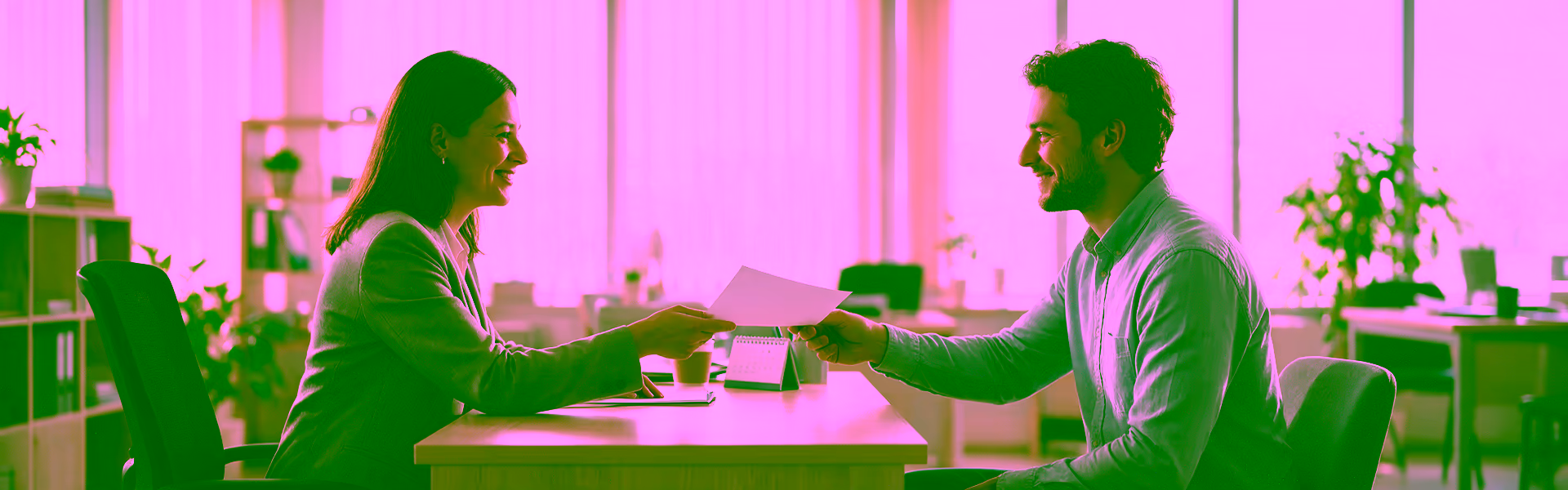 Personalverantwortliche und neuer Mitarbeiter reichen sich am Schreibtisch im Büro ein Dokument