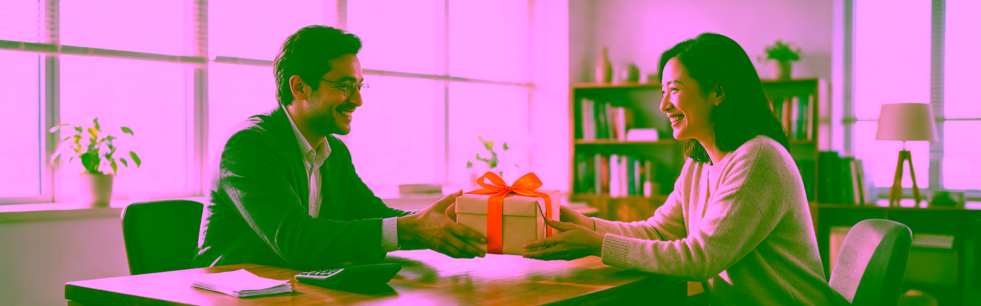 Geschäftsmann überreicht einer lächelnden Geschäftspartnerin am Schreibtisch ein Geschenk mit orangefarbener Schleife