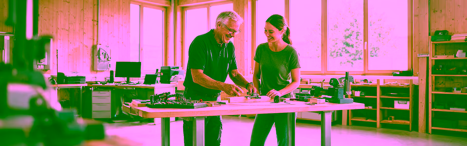 Grauhaariger älterer Mitarbeiter mit Brille erklärt einer jüngeren Kollegin an der Werkbank einen Arbeitsschritt