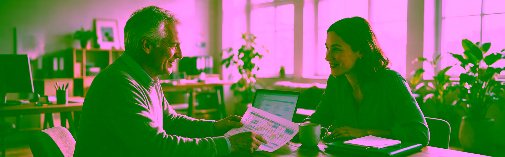 Älterer Mitarbeiter bespricht mit einer Personalverantwortlichen im Büro einen Arbeitszeitplan für die Altersteilzeit