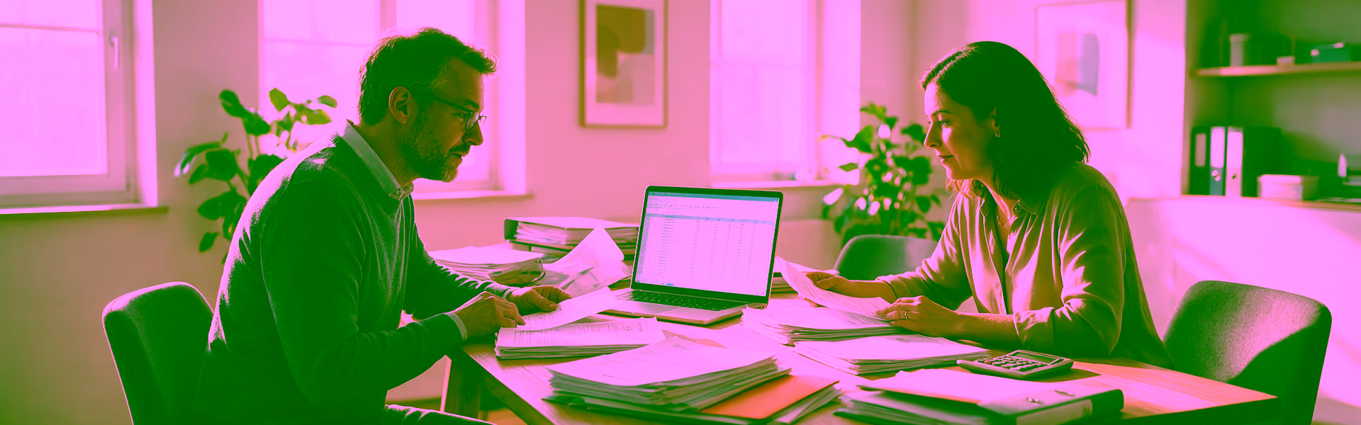Arbeitgeber und Prüferin gehen am Besprechungstisch Lohnunterlagen und eine Tabelle am Laptop durch, daneben Aktenstapel und ein Taschenrechner