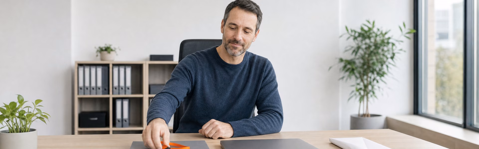 Mitarbeiter legt an seinem letzten Arbeitstag Schlüsselkarte und Unterlagen auf seinen Schreibtisch