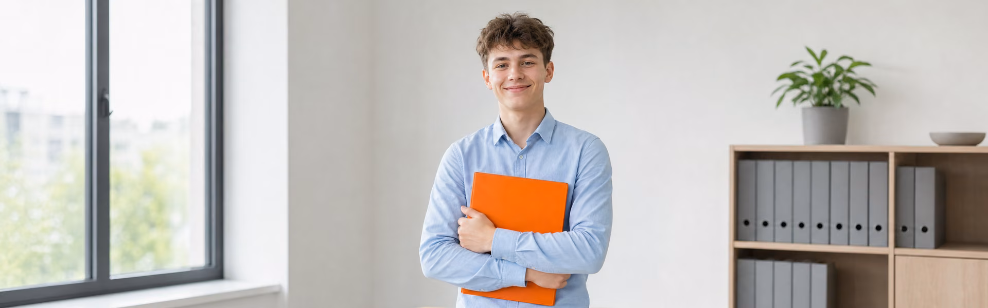 Junger Auszubildender mit orangefarbenem Ordner im Büro an seinem ersten Ausbildungstag