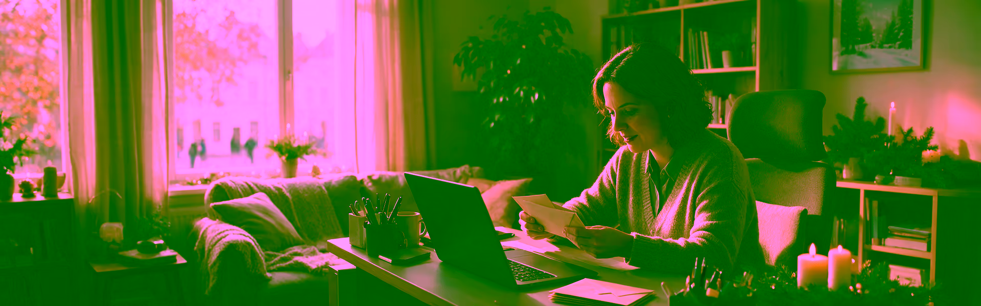 Personalverantwortliche bereitet im Büro mit Adventsdekoration die Sonderzahlungen für die Novemberabrechnung vor