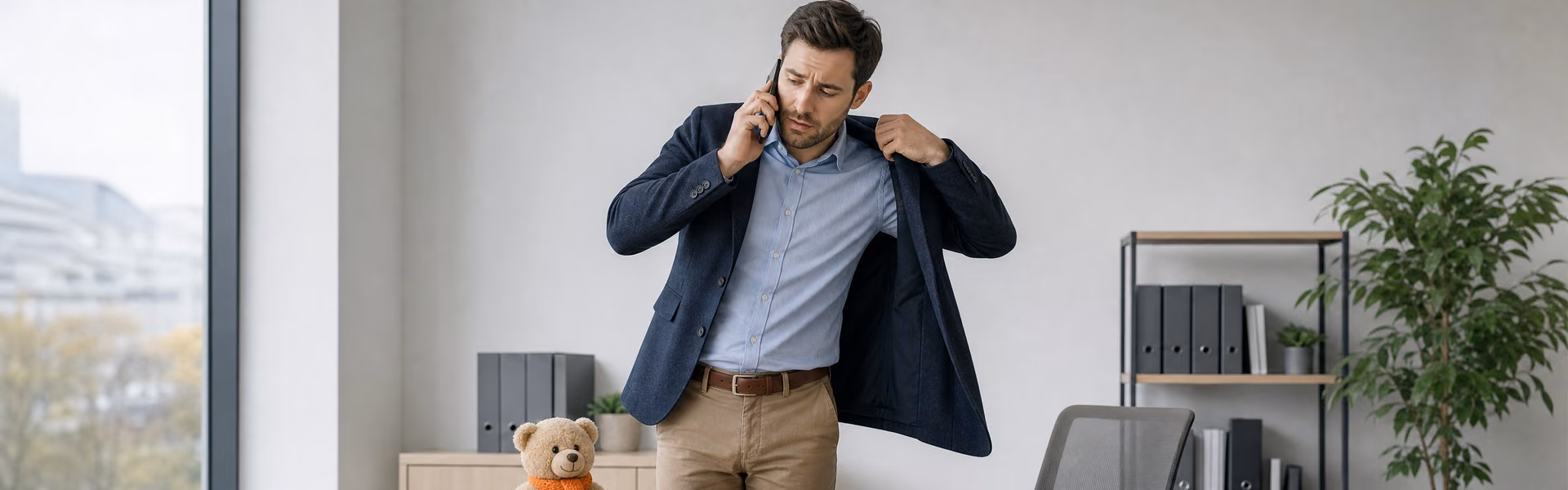 Vater telefoniert besorgt im Büro und zieht seinen Mantel an, auf dem Schreibtisch sitzt ein Teddybär