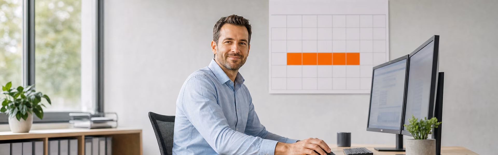 Lohnbuchhalter am Schreibtisch mit zwei Monitoren, an der Wand ein Kalender mit einem orange markierten Unterbrechungszeitraum