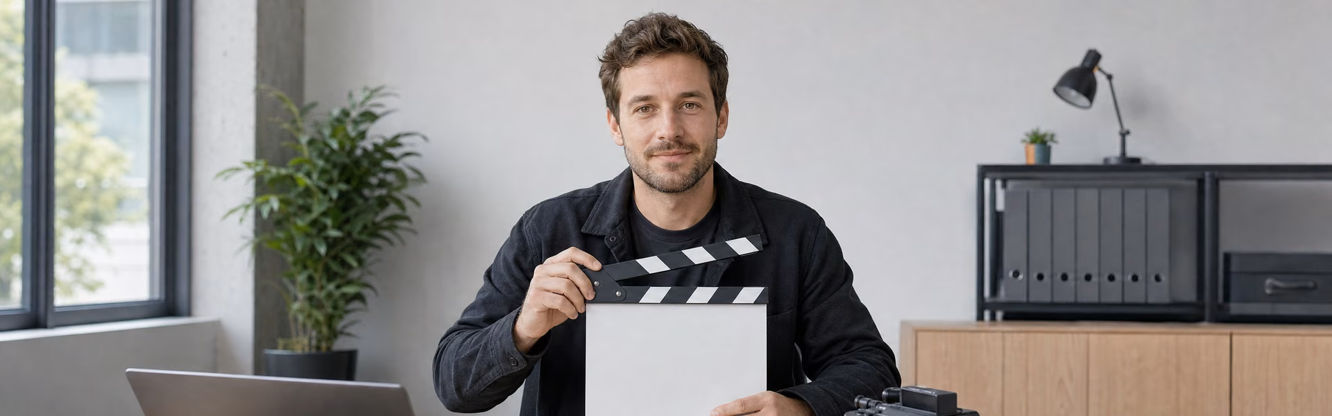 Mitarbeiter einer Filmproduktion mit Filmklappe am Schreibtisch im Büro