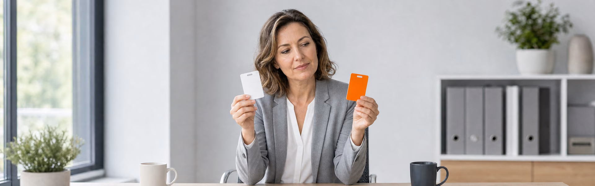 Frau am Schreibtisch hält zwei Mitarbeiterausweise verschiedener Arbeitgeber in den Händen