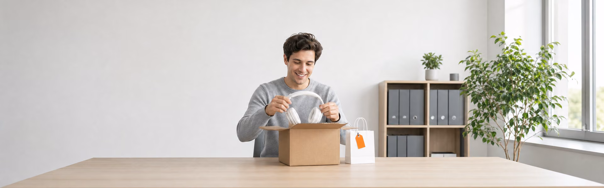 Mitarbeiter packt im Büro neue Kopfhörer aus, die er mit Personalrabatt bei seinem Arbeitgeber gekauft hat