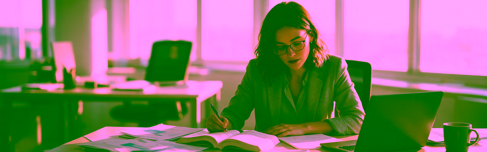 Berufstätige Frau mit Brille sitzt am Abend an ihrem Büroschreibtisch und arbeitet mit Lehrbuch, Notizen und Laptop für ihr berufsbegleitendes Studium