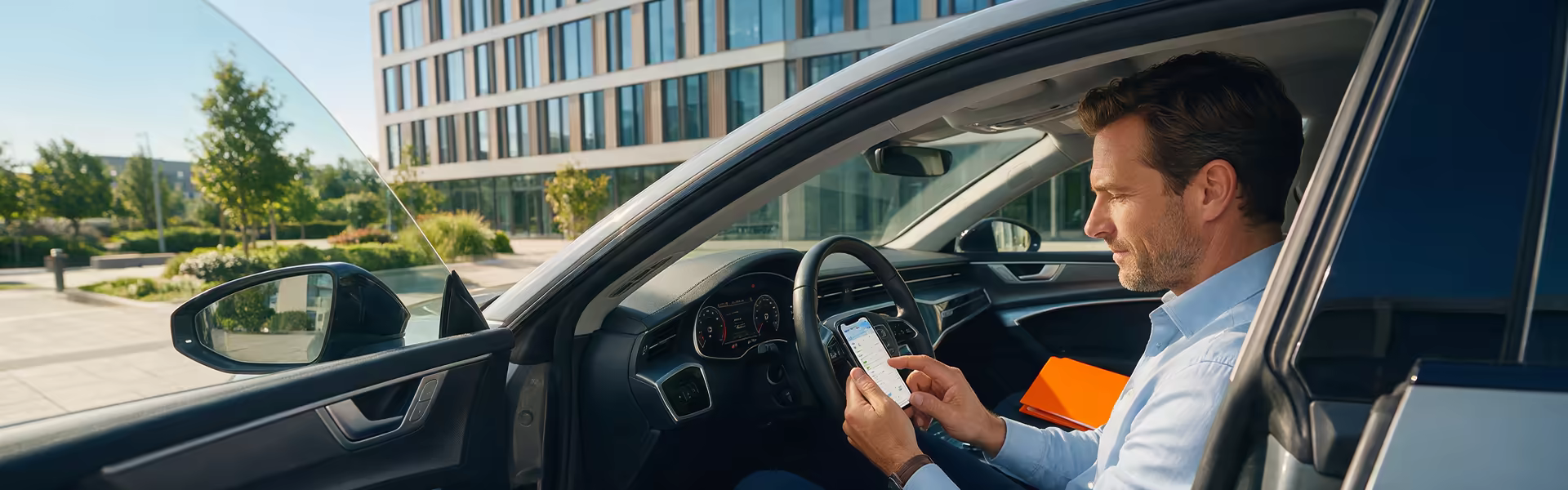 Außendienstmitarbeiter trägt nach der Fahrt im Dienstwagen die Strecke in eine Fahrtenbuch-App auf dem Smartphone ein