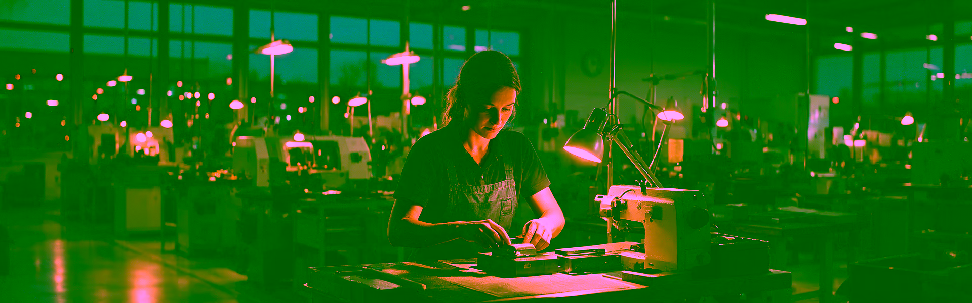 Mitarbeiterin arbeitet am Abend allein an einer beleuchteten Werkbank in einer Produktionshalle, im Hintergrund eine Wanduhr