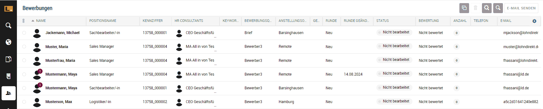 Übersicht eingegangener Berwerbungen