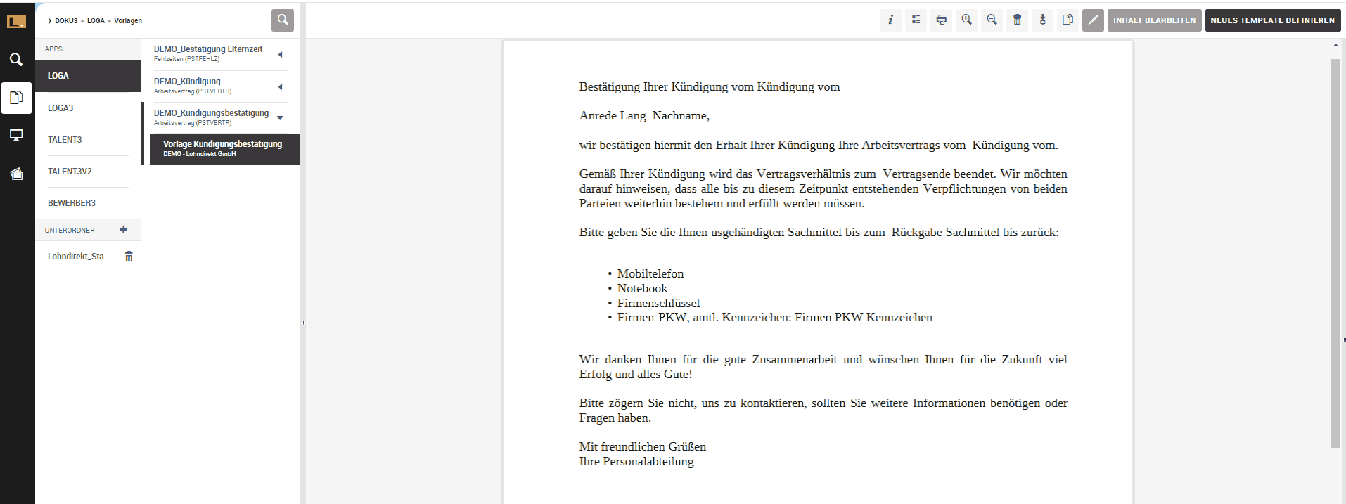 Vorlage/Template eines Dokuments in Loga