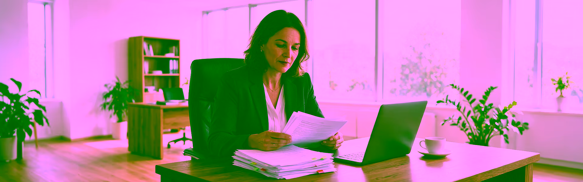 Personalverantwortliche prüft im hellen Büro einen Stapel Unterlagen mit grünen, gelben und roten Markierungen